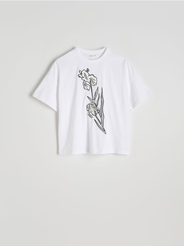 Reserved - Bawełniany T-shirt z haftem - biały