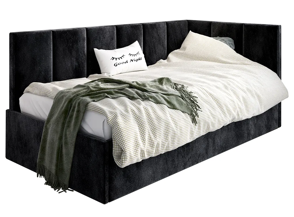 Czarne Łóżko Tapicerowane Narożne Z Pojemnikiem 90X200 M0-D35