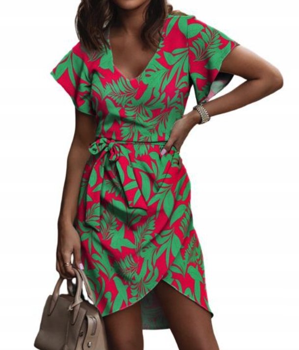 ELEGANCKA SUKIENKA MINI W KWIATY ZIELONA NA LATO