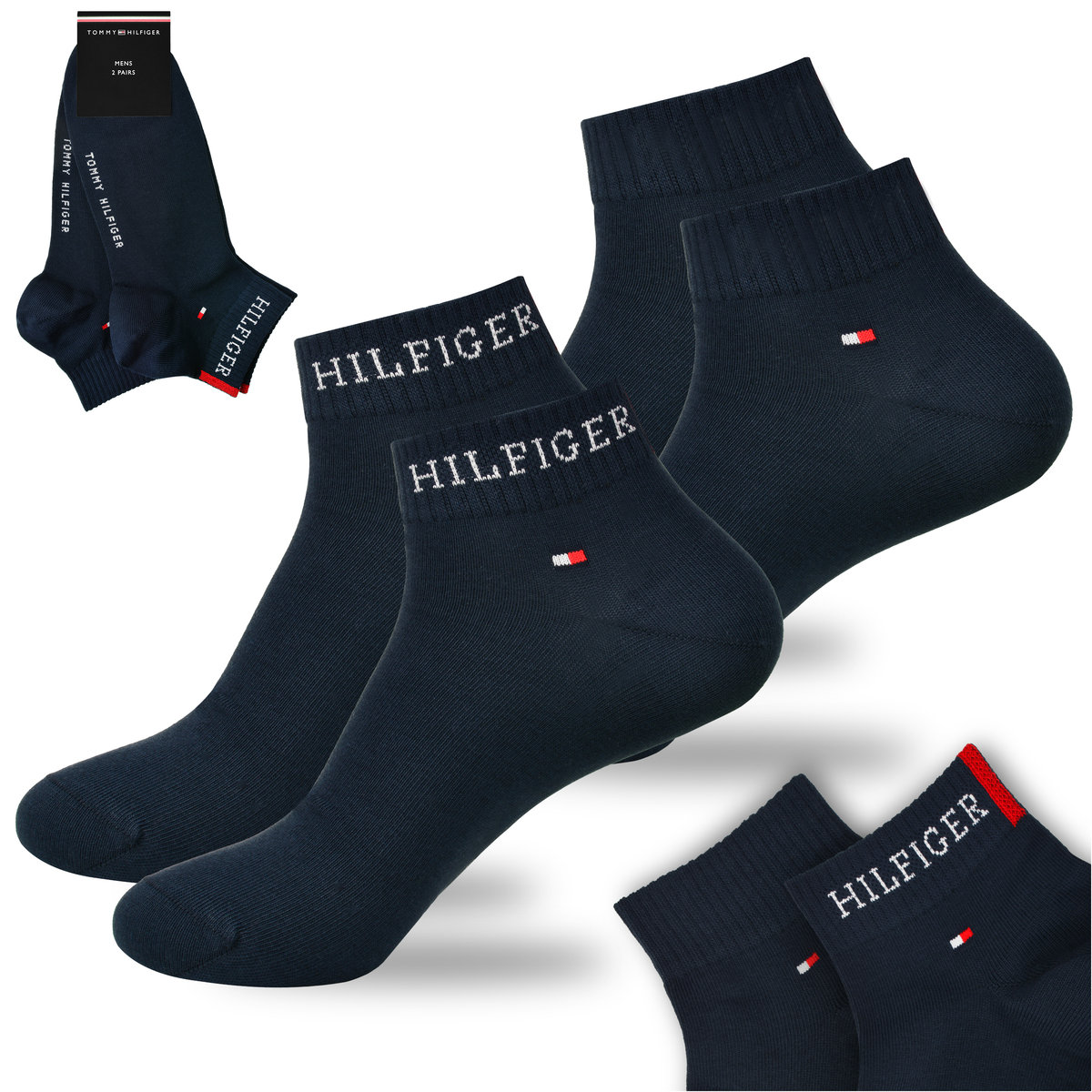 TOMMY HILFIGER Skarpety Męskie Za Kostkę Bawełna Logo NAVY 2P Roz. 43/46