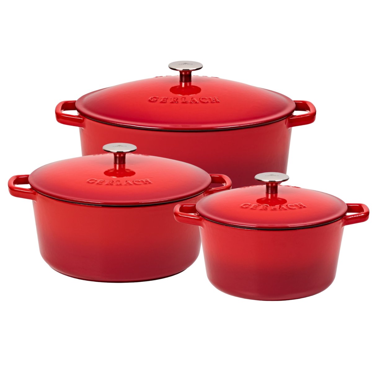 Gerlach NATUR IRON zestaw czerwony gradient 3el.: Brytfanna żeliwna 5,5l + Garnek żeliwny 3l + Garnek żeliwny 5l