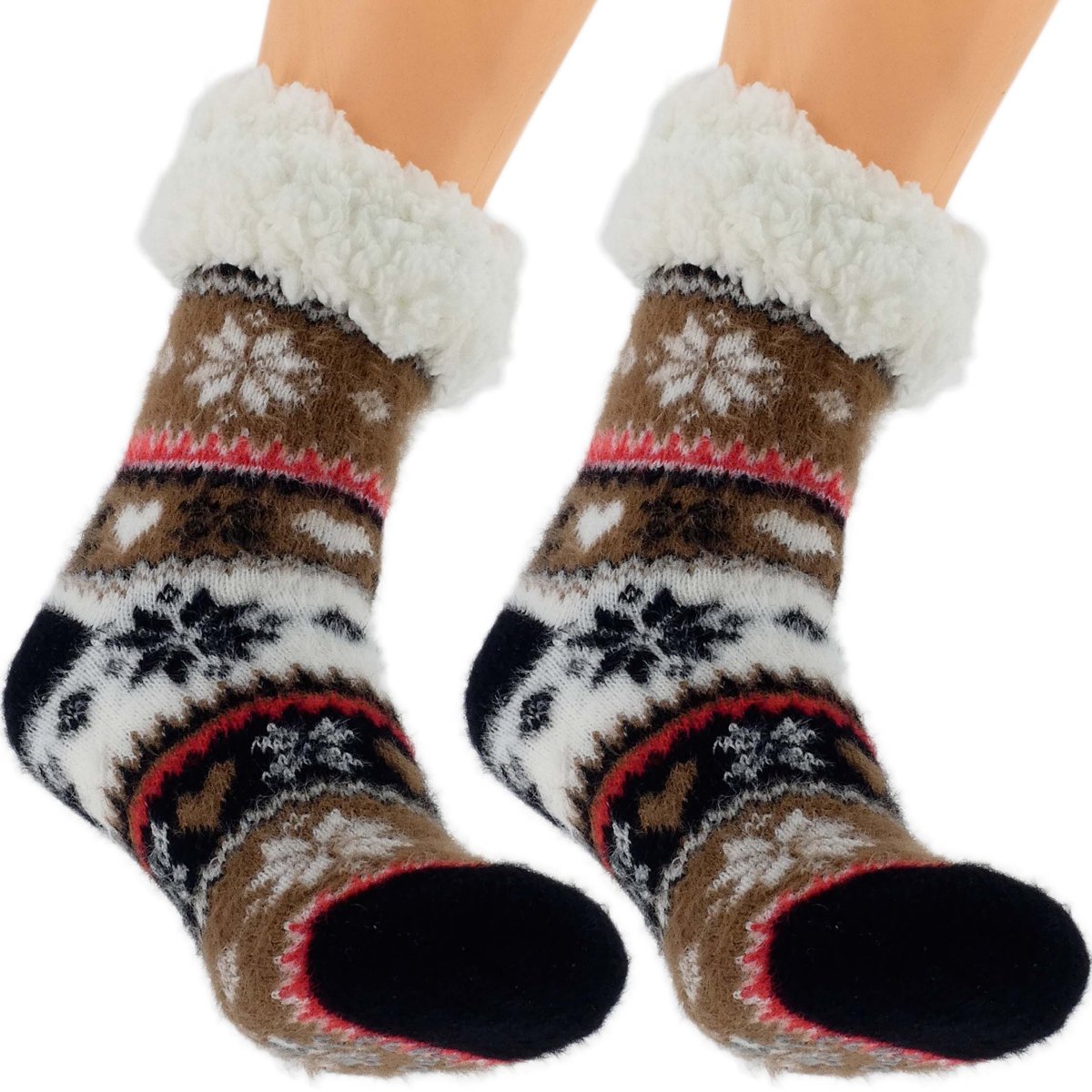 CIEPŁE DAMSKIE SKARPETY ZIMOWE Z MISIEM ABS NORWESKIE KAPCIE 36-41 BRĄZOWE