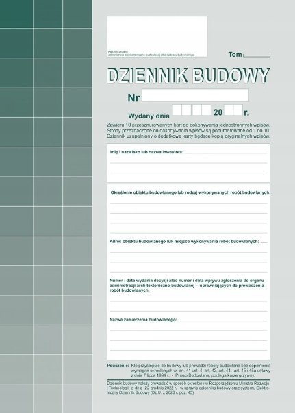 Dziennik Budowy 10Kpl A4 (Oryginał + Kopia) Druk