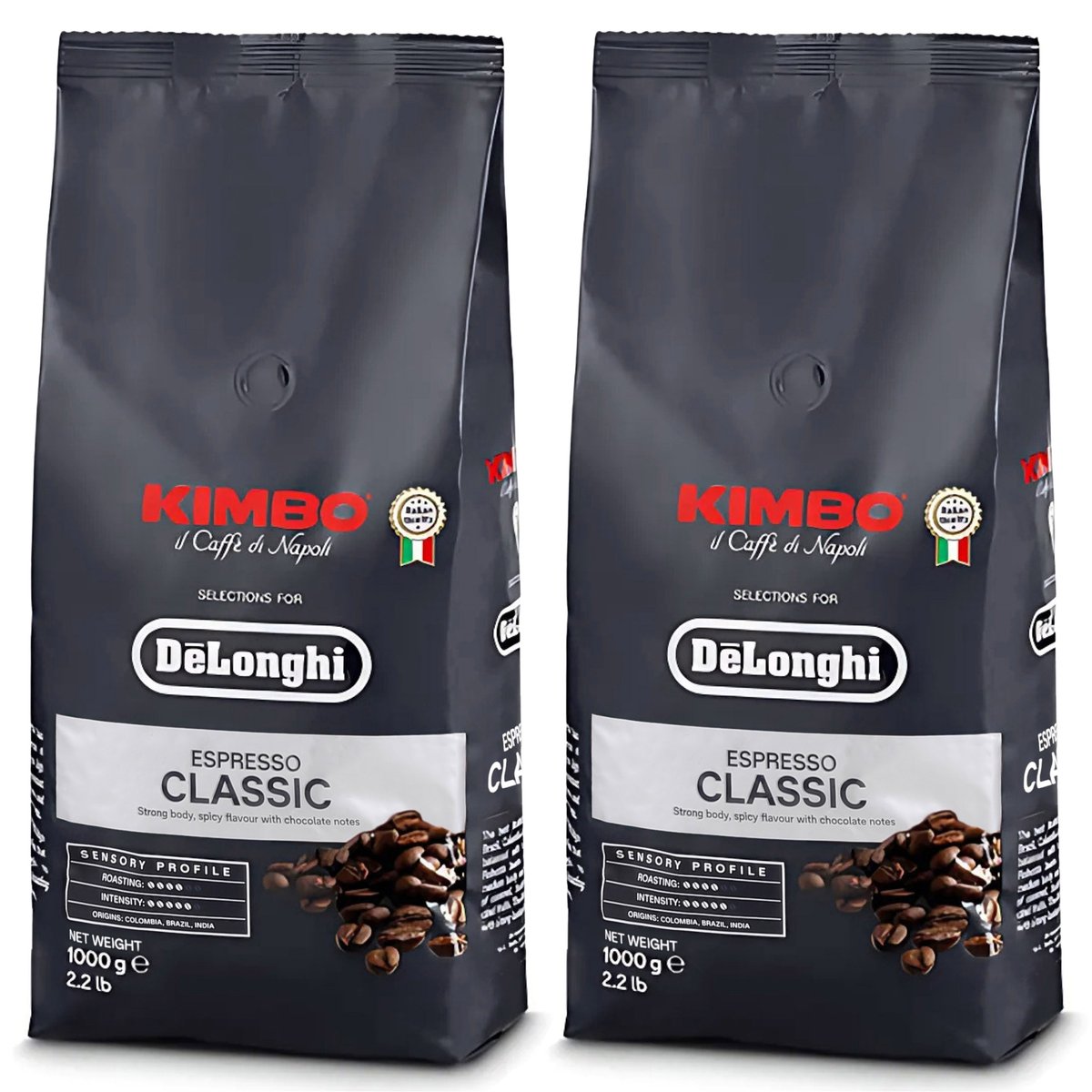 Delonghi Kimbo Espresso Classic, kawa ziarnista, średnio palona włoska kawa 2x1kg