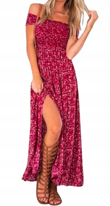 SUKIENKA MAXI HISZPANKA W KWIATY BOHO CZERWONA