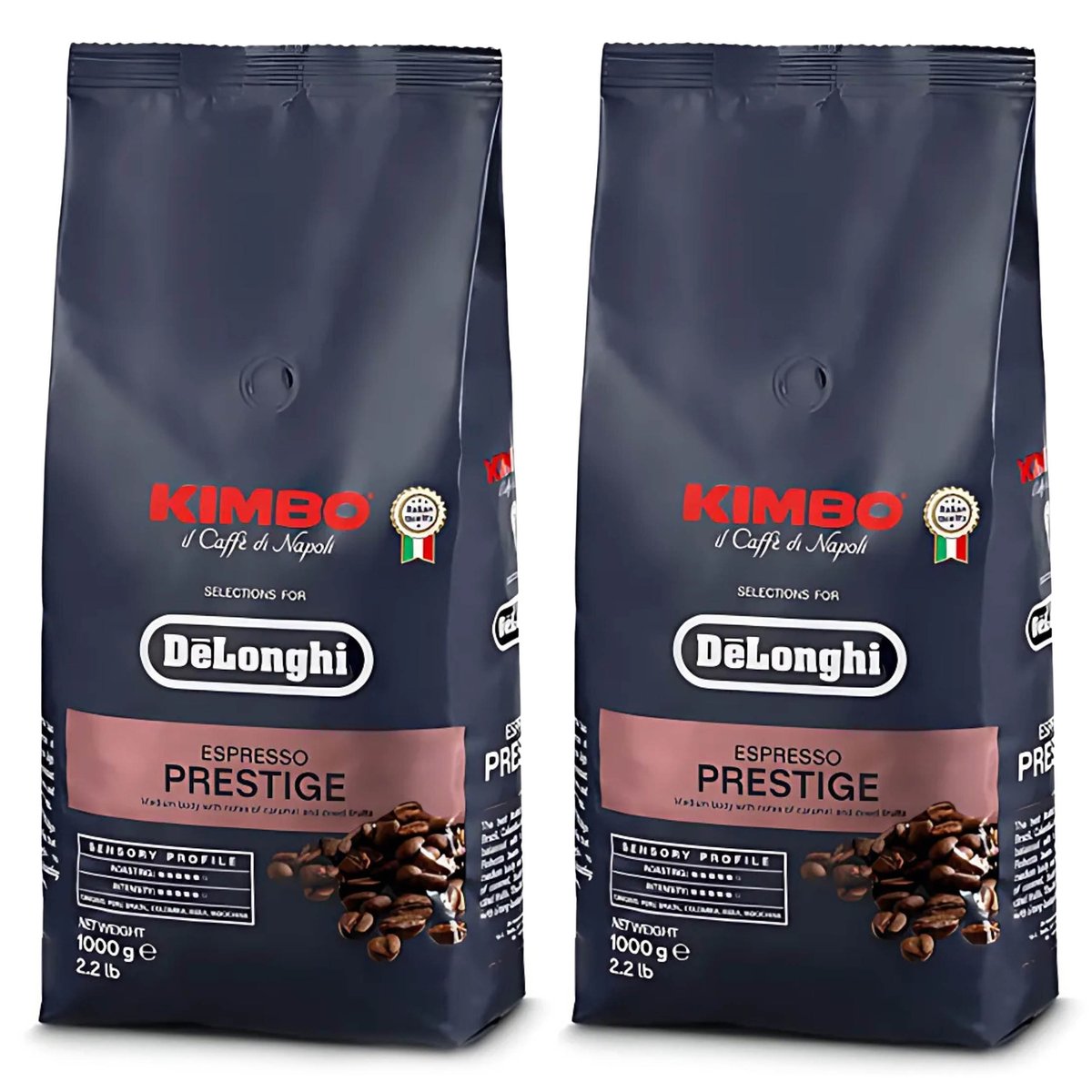 Delonghi Kimbo Espresso Prestige, kawa ziarnista, średnio palona włoska kawa 2x1kg