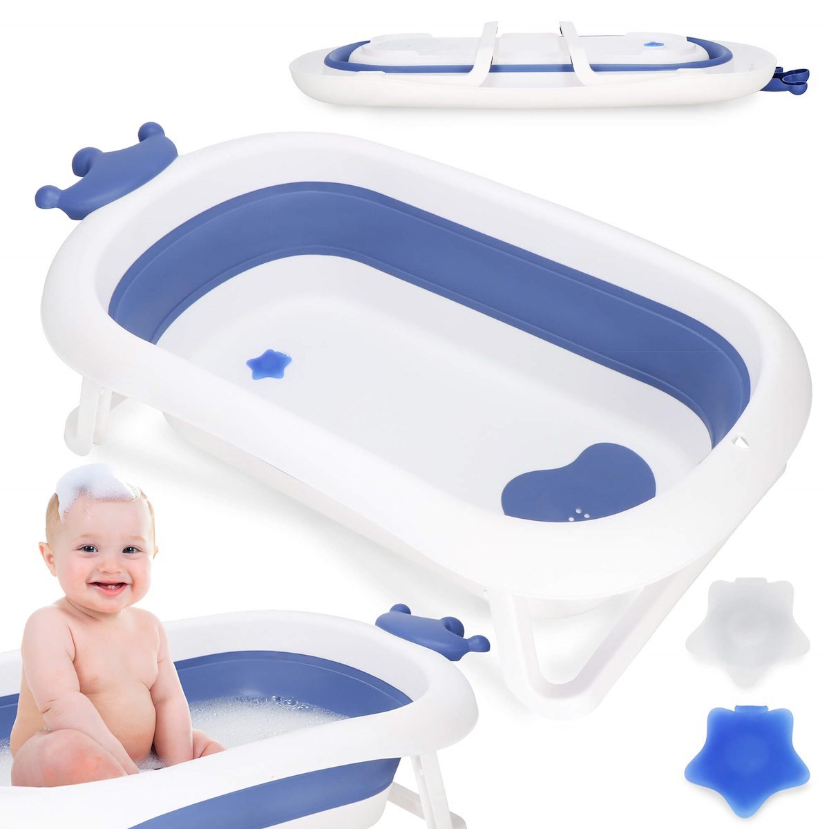 Wanienka dla niemowląt silikonowa składana 40 L 83x50x22,5 cm z korkiem biało-niebieska