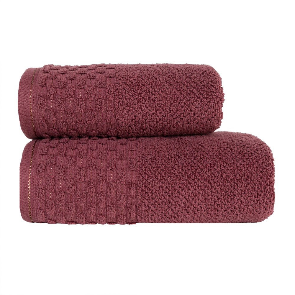 Ręcznik bawełniany frotte z tłoczoną bordiurą i złotą nitką, Neptun, kolor burgundowy, rozmiar 70x140 cm