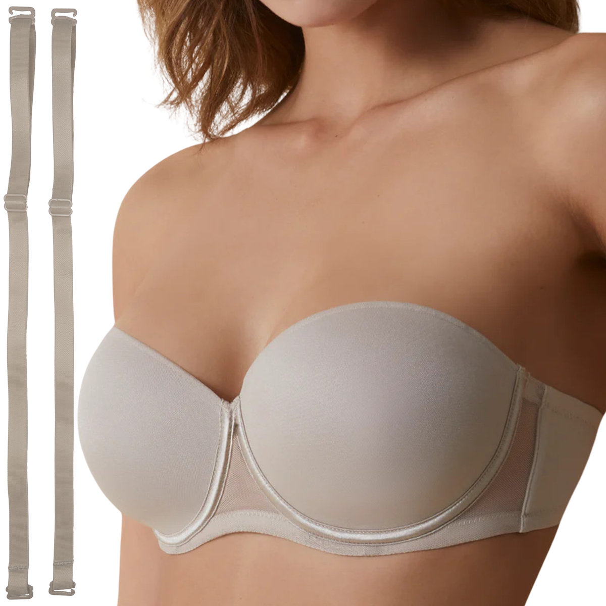 Biustonosz Samonośny Bardotka Stanik Silikonowa Taśma +Ramiączka Beżowy 70C