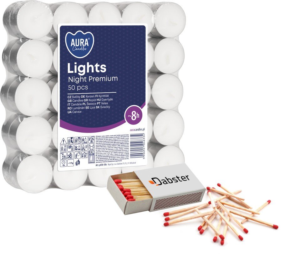 Podgrzewacze bezzapachowe tealight BISPOL Aura 8H NIGHT LIGHTS 50szt. + Zapałki DABSTER_PL 38szt.