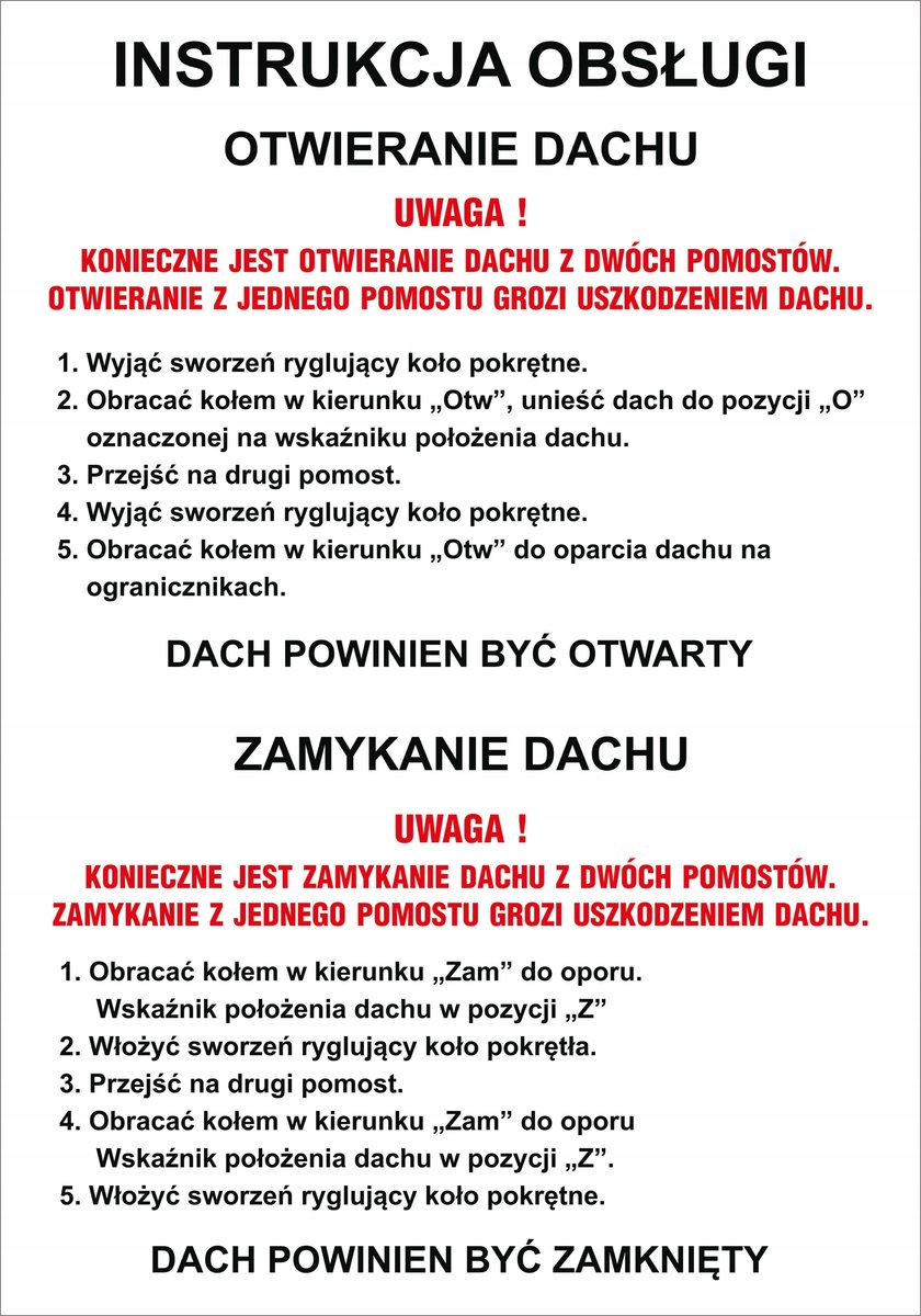 Naklejka Instrukcja Otwieranie zamykanie dachu 15x21cm - 100szt