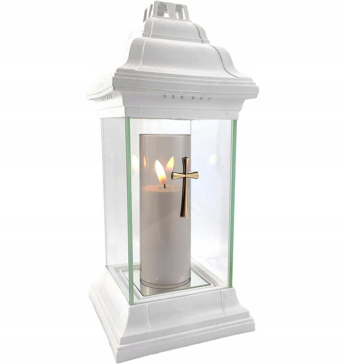 Znicz Kapliczka Szklany Klasyczny Lampion Biały Z Wkładem Led W Tubie