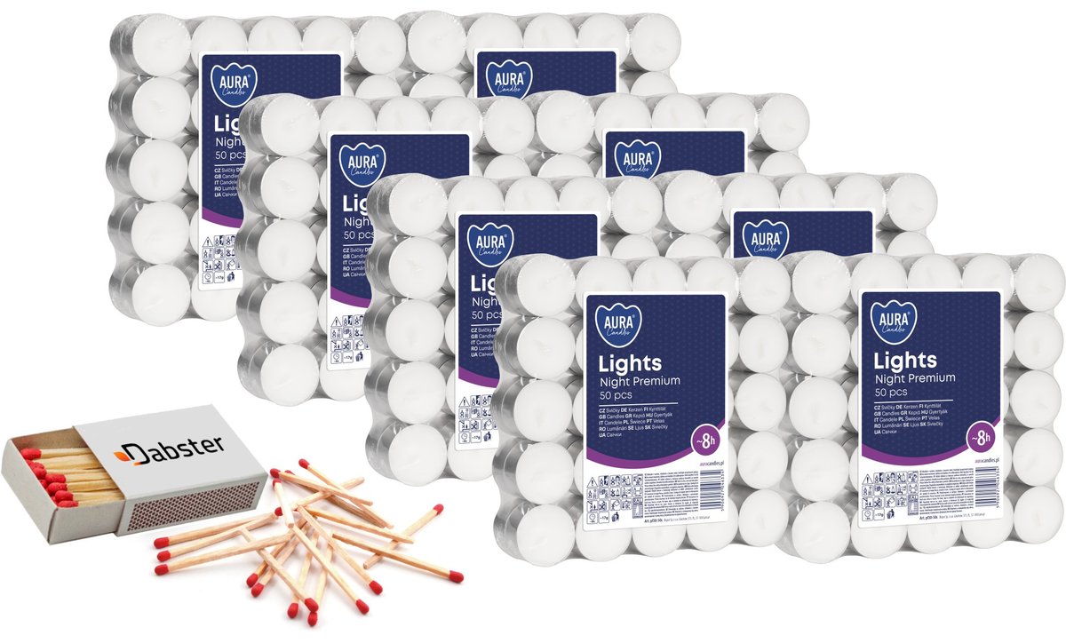 Podgrzewacze bezzapachowe tealight BISPOL Aura 8H NIGHT LIGHTS 50szt. x8 + Zapałki DABSTER_PL 38szt.
