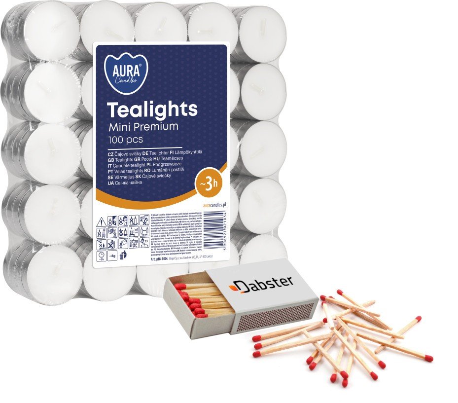 Podgrzewacze bezzapachowe tealight BISPOL Aura 3H MINI 100szt. + Zapałki DABSTER_PL 38szt.
