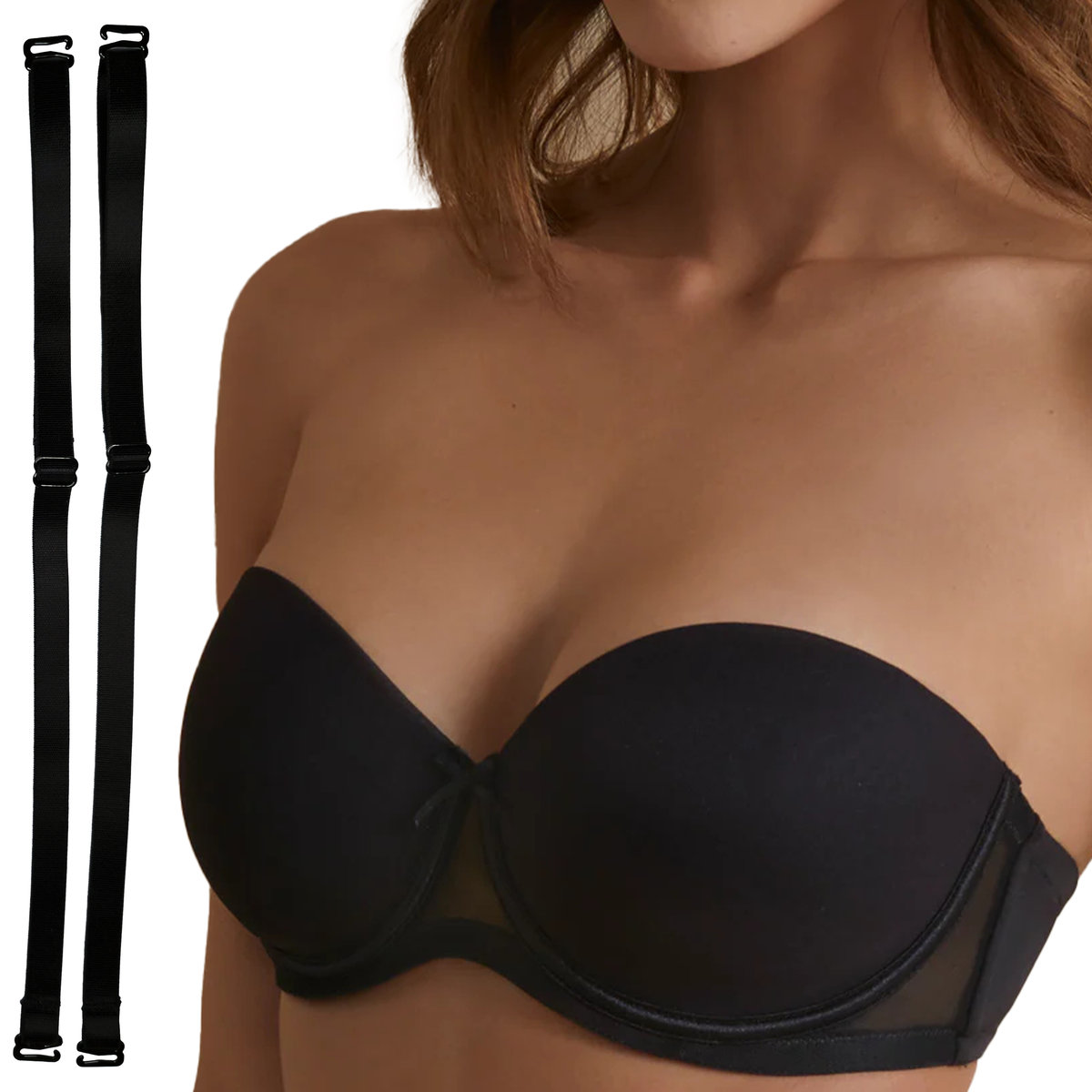 Biustonosz Samonośny Bardotka Stanik Silikonowa Taśma +Ramiączka Czarny 95C