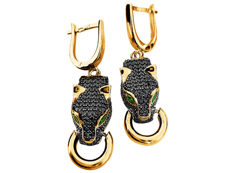 Kolczyki ze złota próby 585 wiszące koty głowy pantery czarne cyrkonie czarna pantera