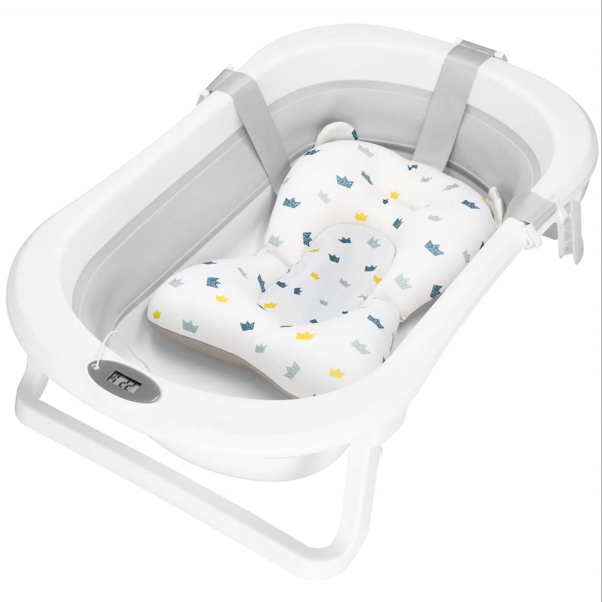 Wanienka dla niemowląt z korkiem i termometrem, silikonowa z poduszką 40 L przenośna, biało-szara