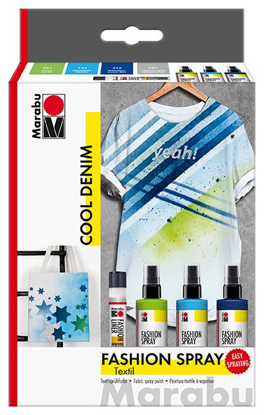 Farby w sprayu do malowania na tkaninach Marabu FASHION SPRAY “Cool Denim”. Zestaw - 3 kolory + konturówka