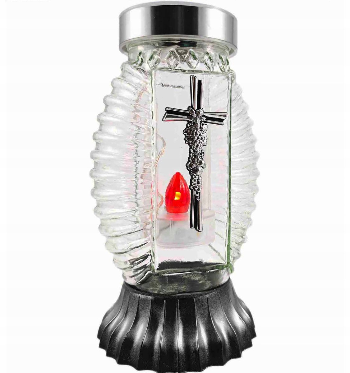 Szklany Znicz Solarny Fotowoltaiczny Z Krzyżem Czerwone Mocne Światło