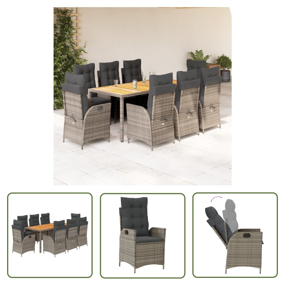 The Living Store 9-cz. zestaw mebli ogrodowych z poduszkami - szary - rattan PE - Meble Ogrodowe