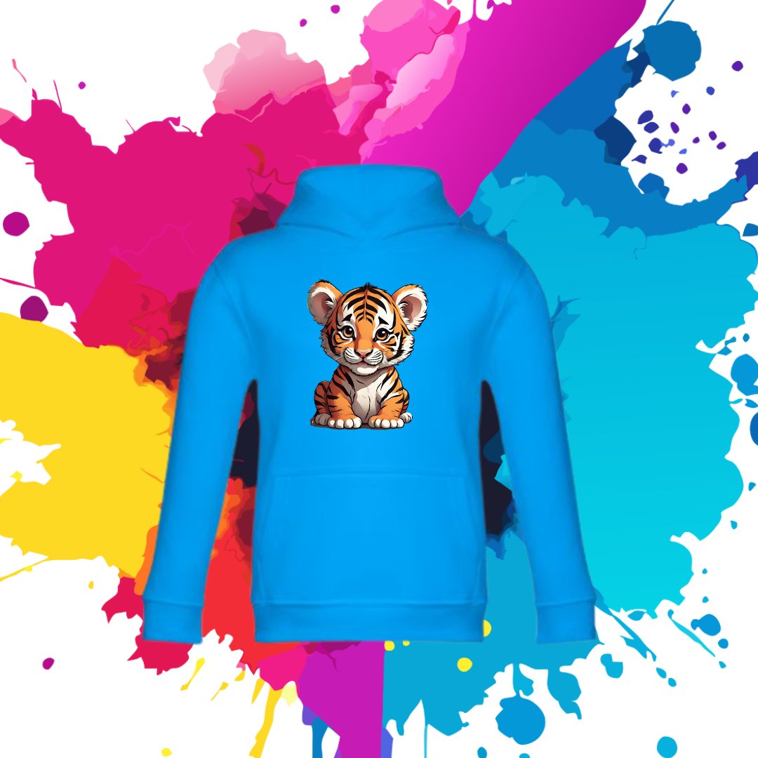 Bluza dziecięca typu kangurka z kapturem w kolorze błękitnym z nadrukiem tygrysek 12 lat
