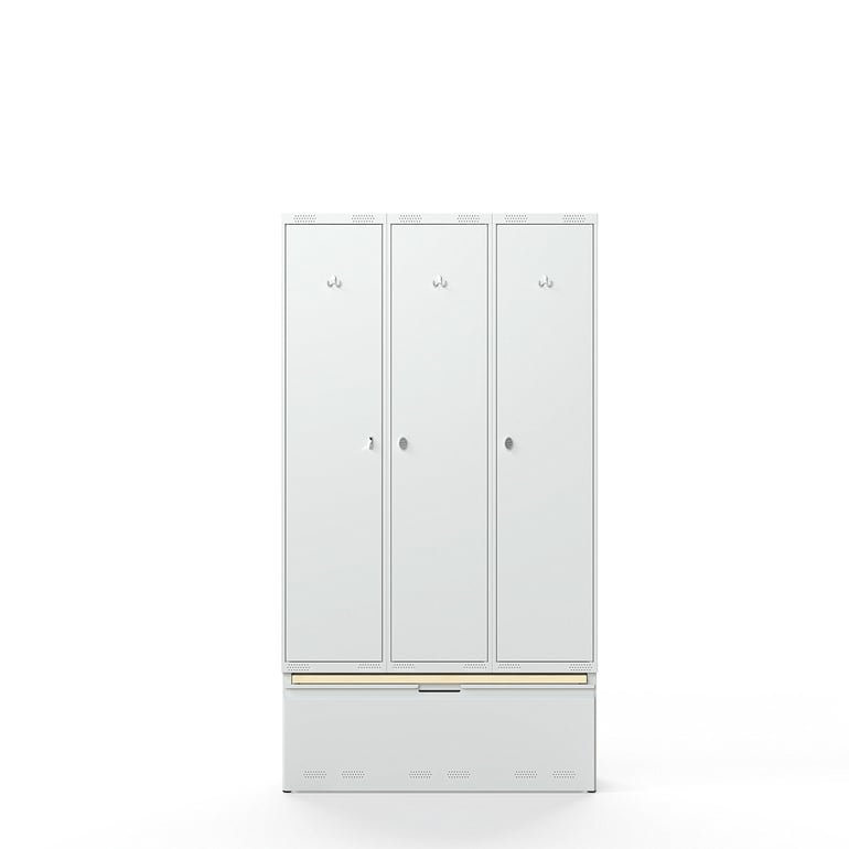 Szafa ubraniowa FORCE, 3 moduły, wysuwana szuflada z ławeczką, 2190x1200x550 mm, szary