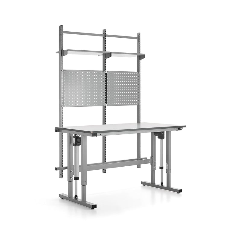 Stół roboczy z regulacją wysokości MOTION, 400 kg, 1500x800 mm, panel narzędziowy + półki