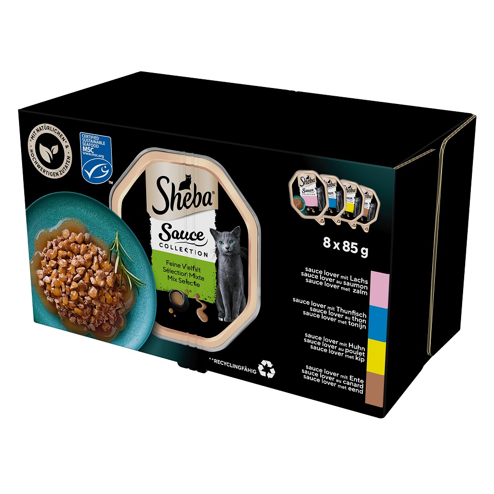 SHEBA Sauce Collection Wybór Smaków tacki 8x85 g mokra karma pełnoporcjowa dla dorosłych kotów w sosie kawałki z łososiem, tuńczykiem, kurczakiem, kaczką