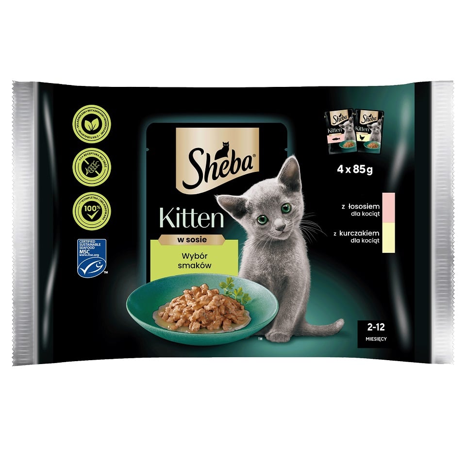 SHEBA Kitten Wybór smaków saszetki 4x85 g mokra karma pełnoporcjowa dla kociąt w sosie kawałki z: łososiem, kurczakiem