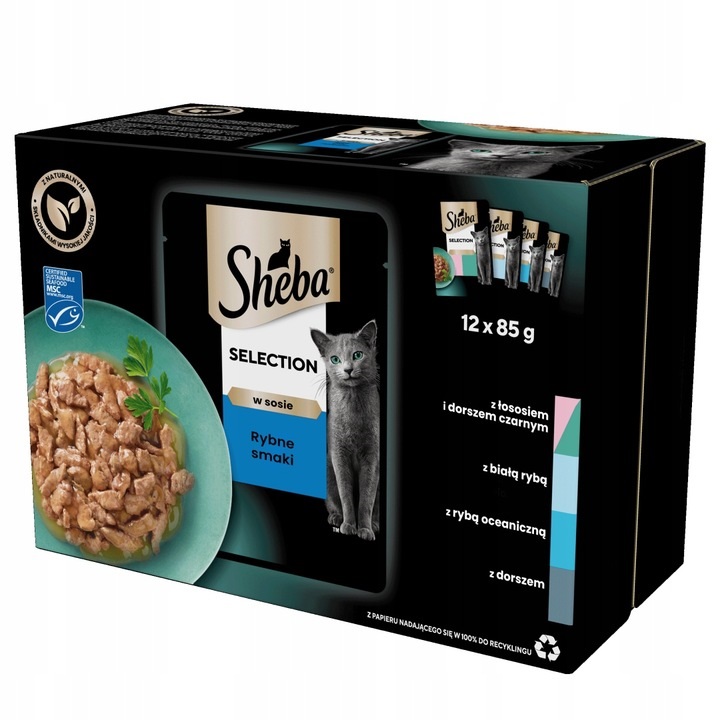 SHEBA Selection Rybne Smaki saszetki 12x85 g mokra karma pełnoporcjowa dla dorosłych kotów w sosie kawałki z łososiem i dorszem czarnym, białą rybą, rybą oceaniczną, dorszem