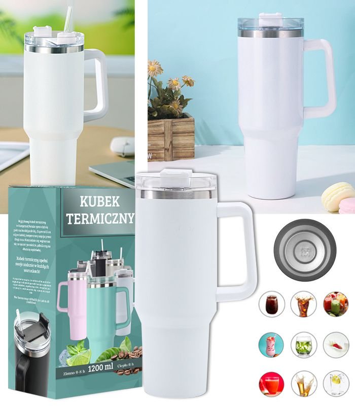 Kubek Termiczny Termos Ze Słomką Stal Nierdzewna Duży Xxl 1200 Ml + Słomka