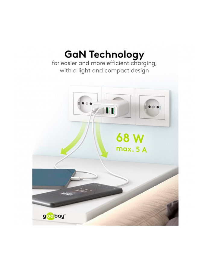 goobay USB-C multiport quick charger, PD, GaN, 68 watts BIAŁY, 2x USB-C, 2x USB-A, Power Delivery, QuickCharge 64818
