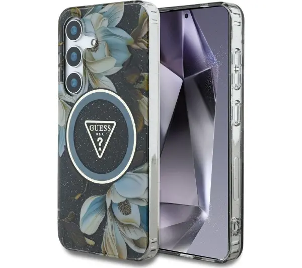 Guess Glitter Flowers Triangle Buttons MagSafe do Galaxy S25 Czarny