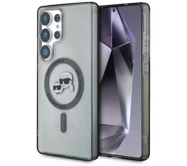 Karl Lagerfeld Etui Button Karl&Choupette Heads do MagSafe do Galaxy S25 Ultra, półprzezroczysto-szare