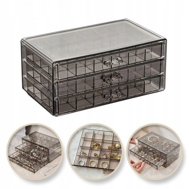 Szkatułka na biżuterię, organizer czarny transparentny - 3 szuflady, 72 prz