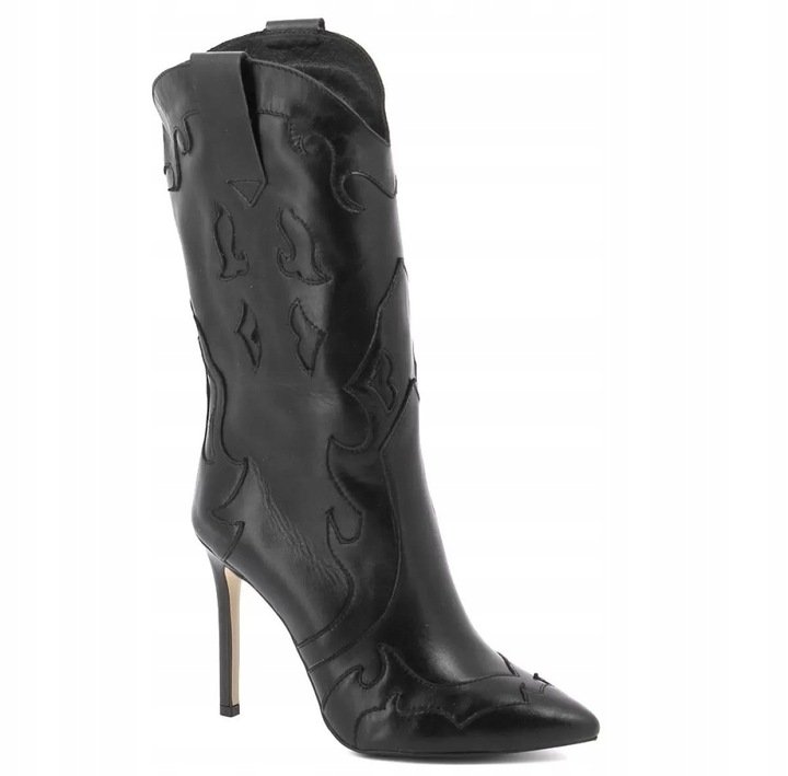 SKÓRZANE CZARNE BOTKI KOWBOJKI NA SZPILCE CARINII B9360 R.39