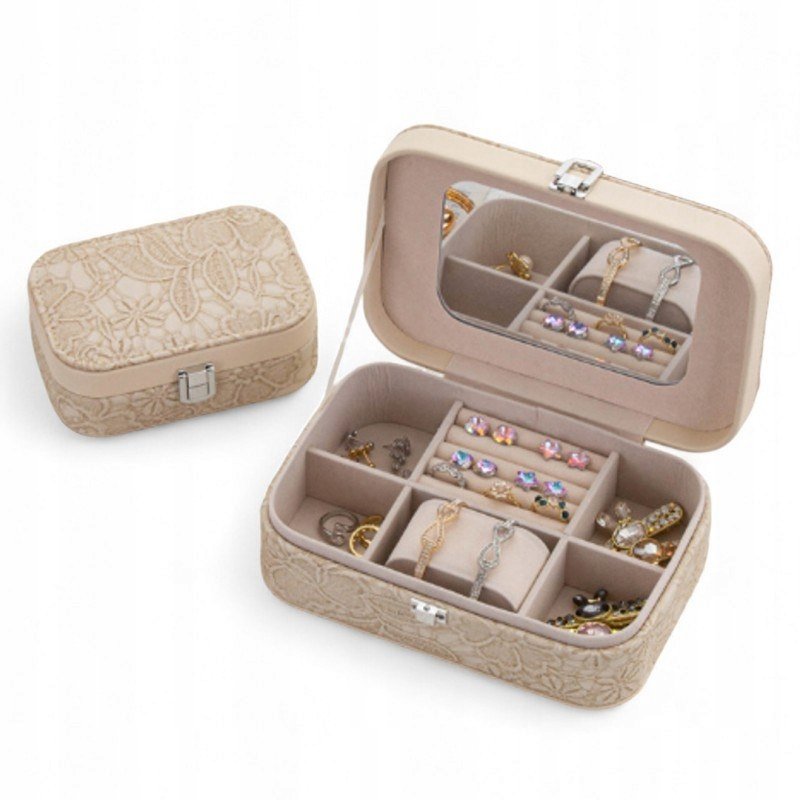 Szkatułka na biżuterię, etui, organizer, pudełko kremowa koronka PD157K