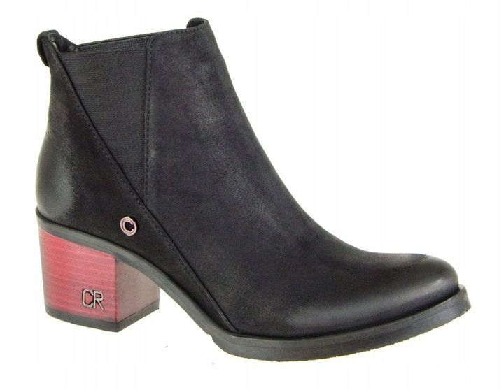 Czarne botki Carinii B3705 klocek skóra nubuk