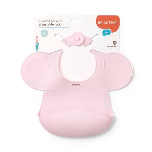 BabyOno silikonowy śliniak z regulowanym zapięciem Różowy 1639/02
