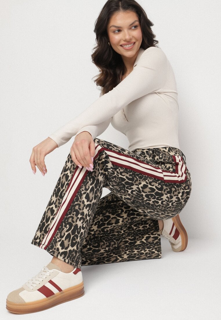 Beżowo-Brązowe Jeansy z Bawełny o Szerokim Kroju Ozdobione Lampasami Eliniae