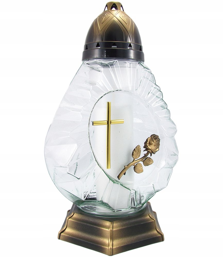 Duży Znicz Z Różą Krzyżem Unikatowy Lampion Szklany 37Cm Oryginalny