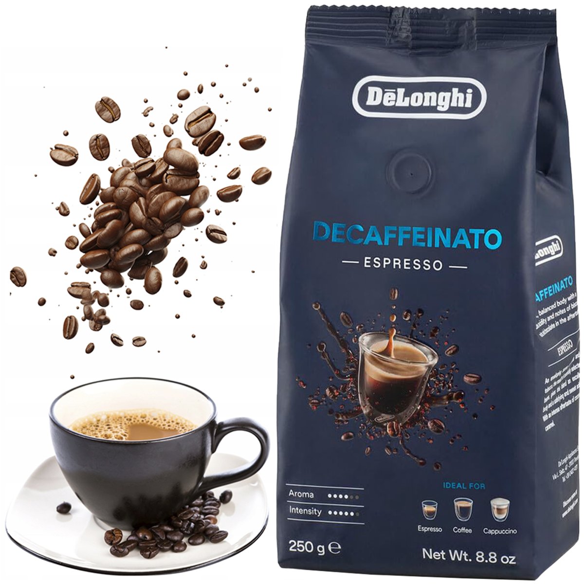 KAWA ZIARNISTA BEZKOFEINOWA AROMATYCZNA MIESZANA DELONGHI DECAFFEINATO 250G