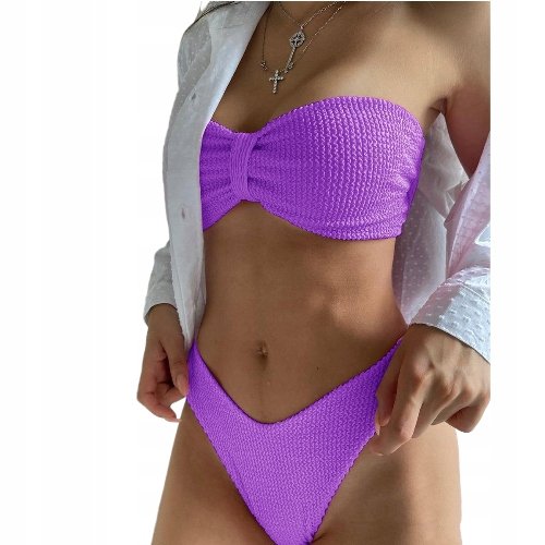 STRÓJ KĄPIELOWY BIKINI DWUCZĘŚCIOWY BEZ RAMIĄCZEK MARSZCZENIA FIOLETOWY S