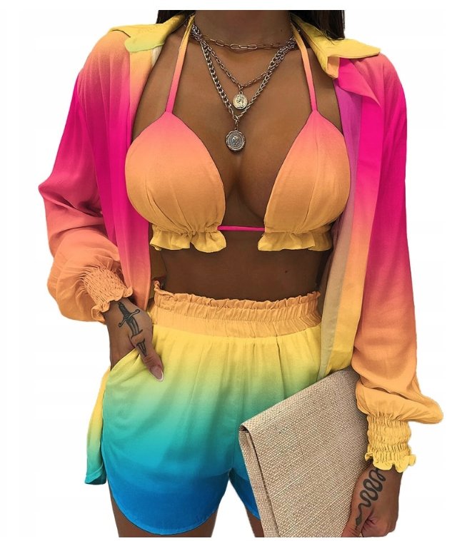 3-CZĘŚCIOWY STRÓJ PLAŻOWY SZORTY KOSZULA L