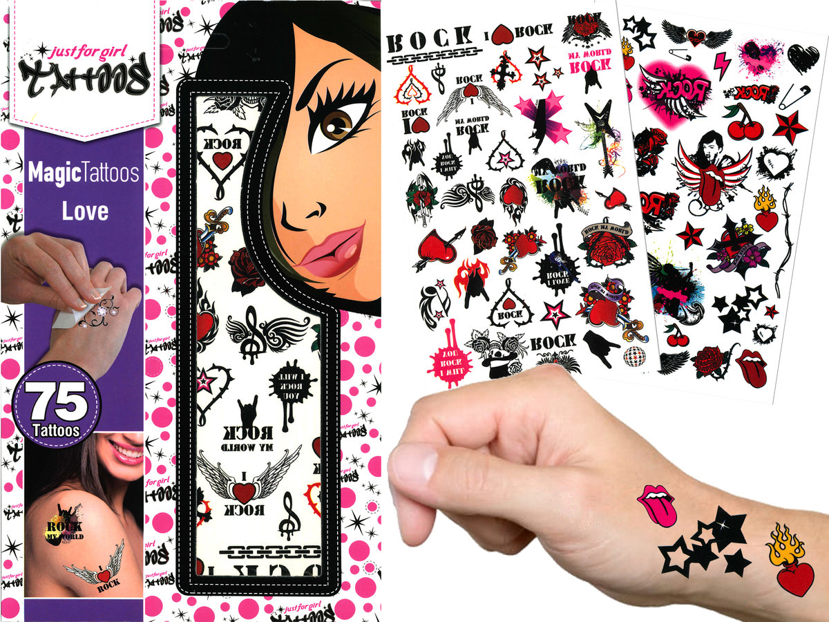 TATUAŻE ZMYWALNE dla Dzieci Tatuaż ROCK&ROLL Rockowe 2 Arkusze 75 sztuk