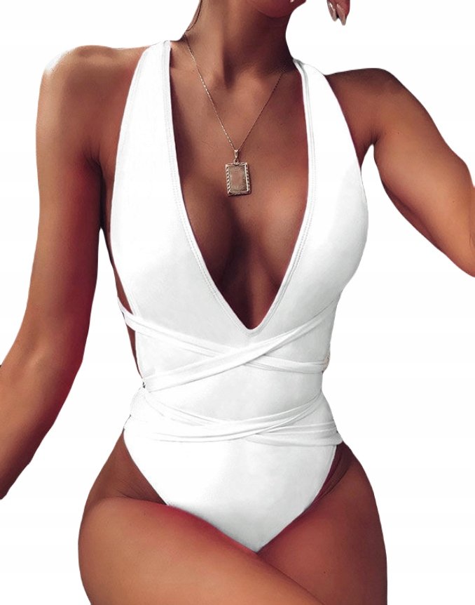 WIĄZANY JEDNOCZĘŚCIOWY STRÓJ KĄPIELOWY Z DEKOLTEM BIAŁY M
