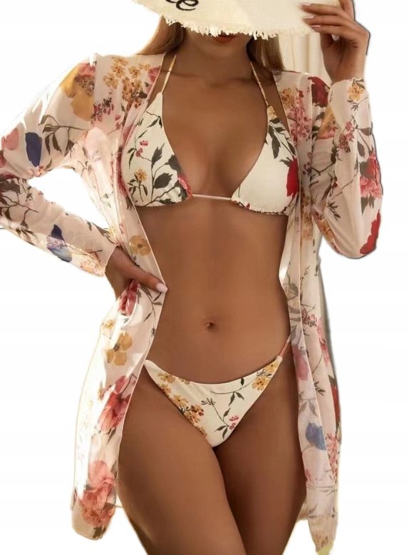 STRÓJ KĄPIELOWY BIKINI KIMONO KWIATY POLNE KOMPLET PLAŻOWY M