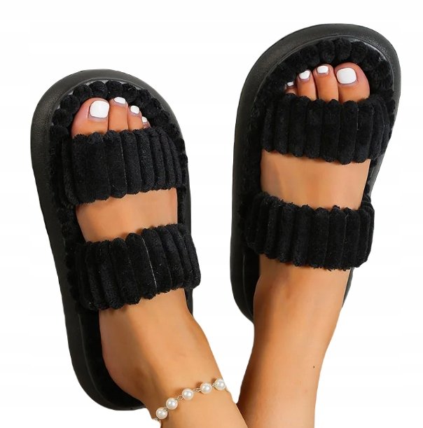 KAPCIE MODNE KLAPKI DAMSKIE WYGODNE MIĘKKIE PLUSZOWE ROZMIAR 36-37 CZARNE