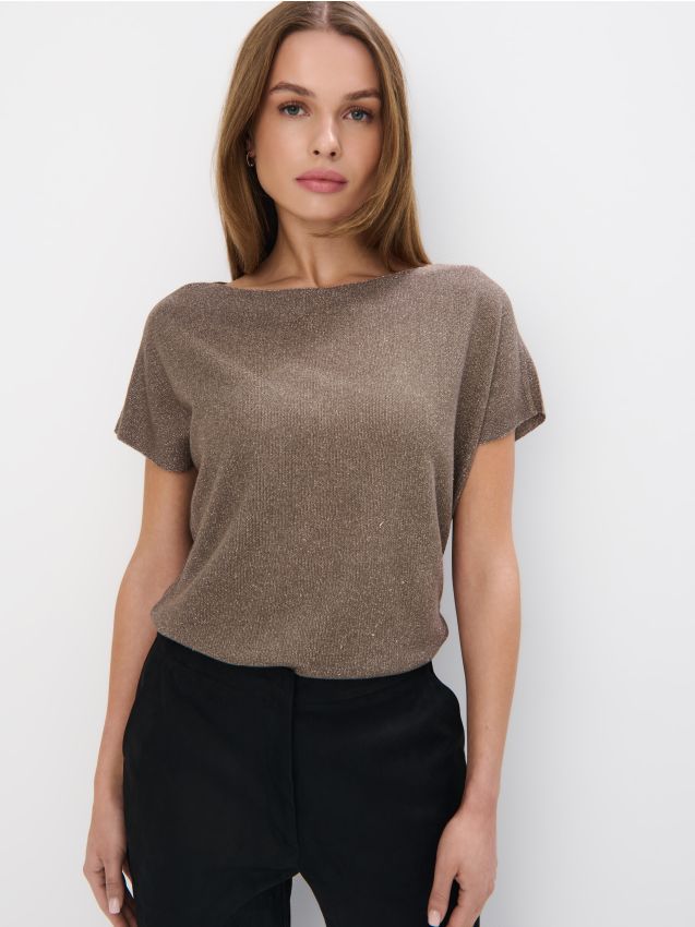 Mohito - Brązowy sweter z wiskozą i metalizowaną nitką - khaki
