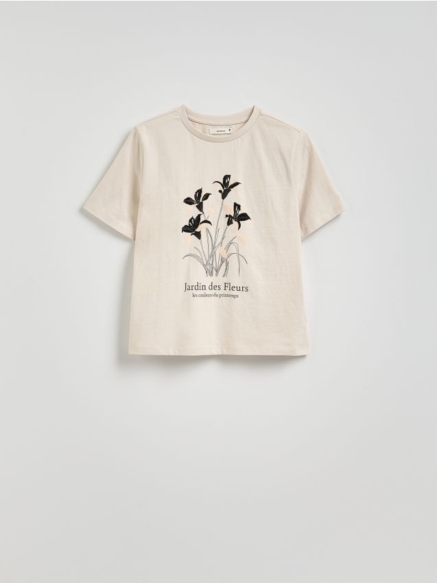 Reserved - Bawełniany t-shirt z nadrukiem - beżowy